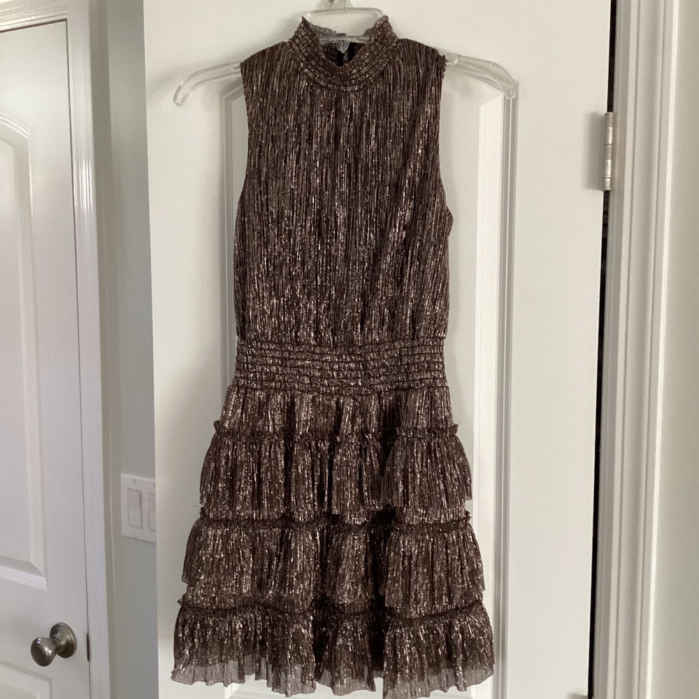 Women Sleeveless Metallic Gold Brown Dress Size S Mid Length Sparkle Party